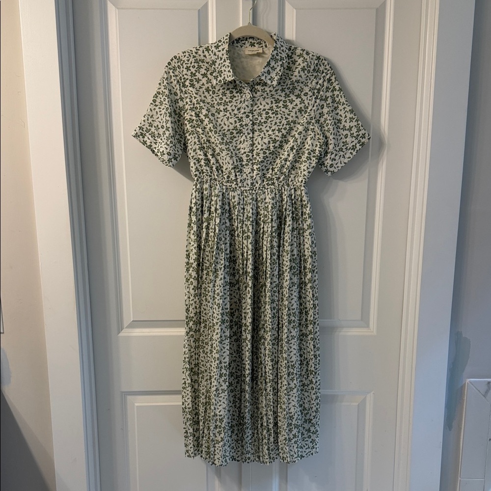 orange creek Green and White Floral Shirt-Collar Midi Dress small